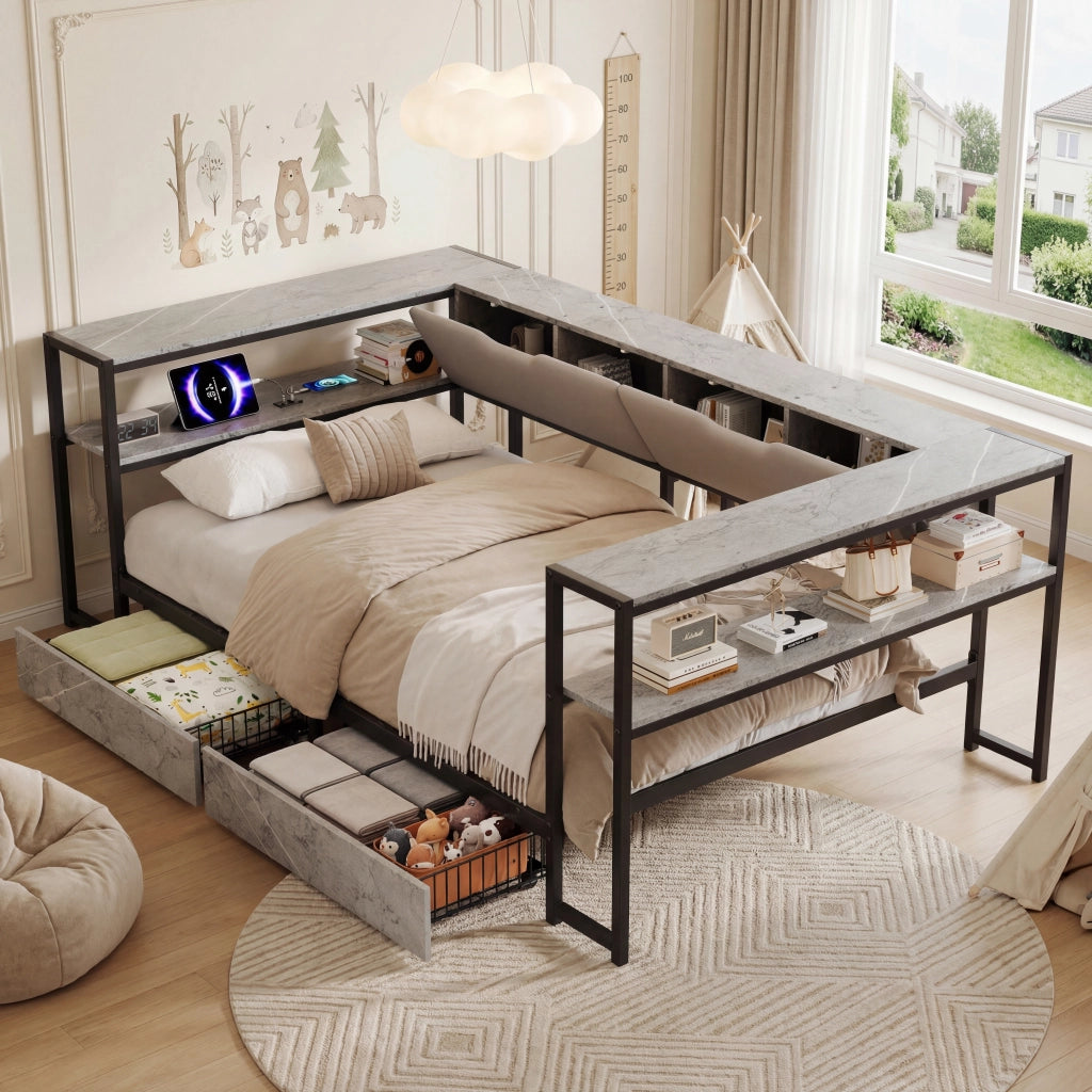 Letto Imbottito con 2 Cassetti e Rete a Doghe in Metallo ¨C MINIMAL ¨C 90x200, Grigio Cemento
