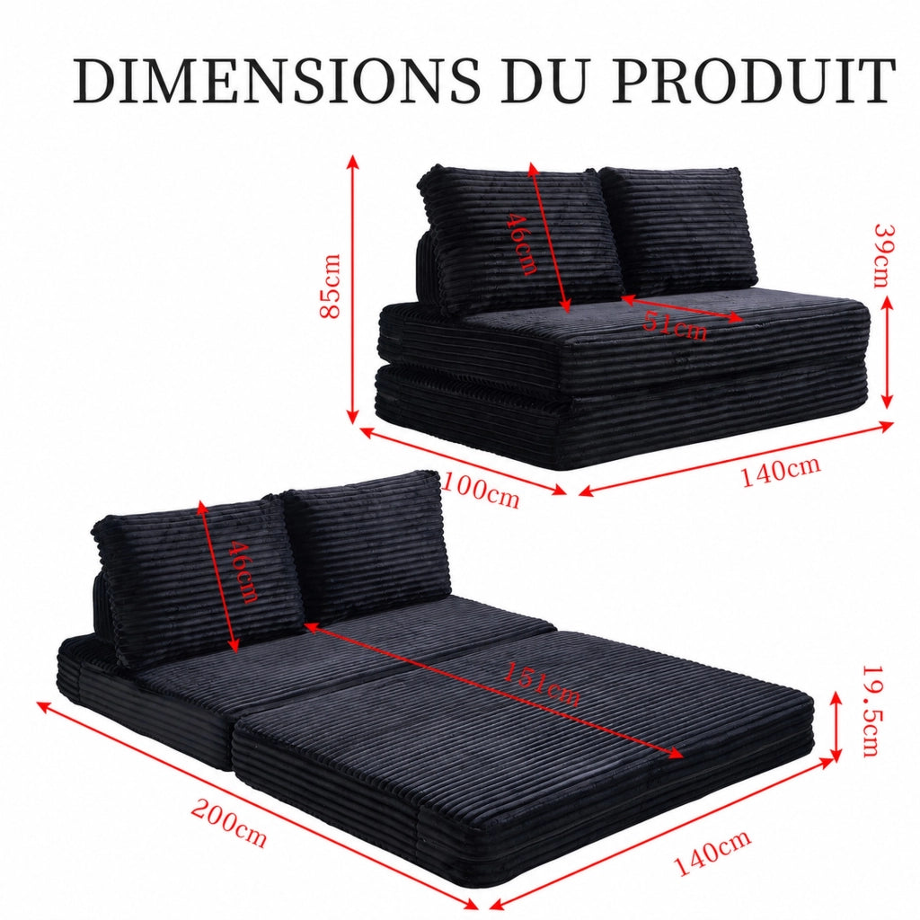 Divano letto 2 in 1 in tessuto nero con schienali rimovibili 150x33x32 cm