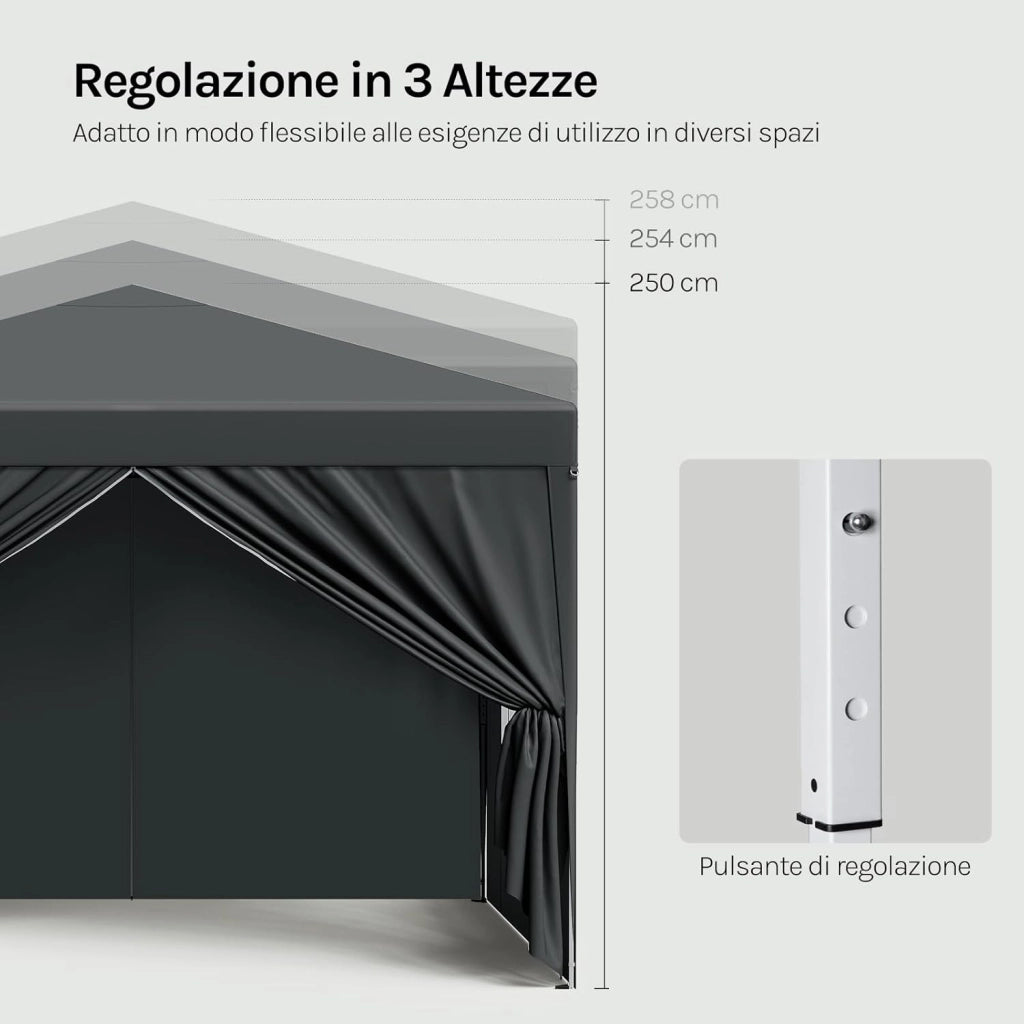 Gazebo da Giardino Richiudibile 3x3m Gazebo da Esterno Ferro Regolabile in Altezza Tendone Pieghevole con Telo Idrorepellente, Protezione Solare, Facile Montare Antracite