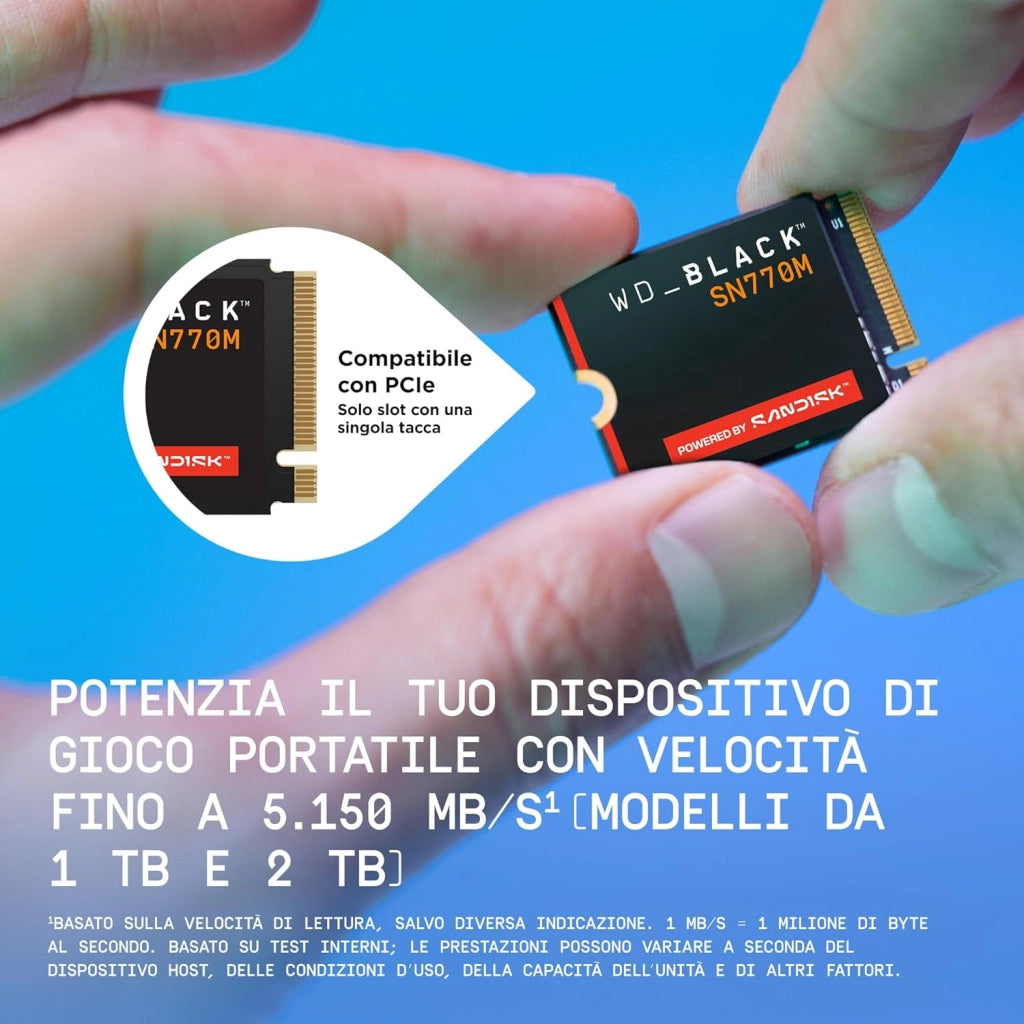 WD_BLACK SN770M NVMe SSD 2TB (Fino a 5.150MB/s, M.2 2230, PCIe Gen 4.0, TLC 3D NAND, Ideale per console portatili da gaming, Asus ROG Ally, Steam Deck, Microsoft Surface) POWERED BY SANDISK