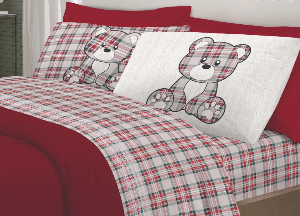 Completo Lenzuola Flanella Pensieri Delicati 100% Cotone Disegno Orsetto Tartan - Singolo - Rosso