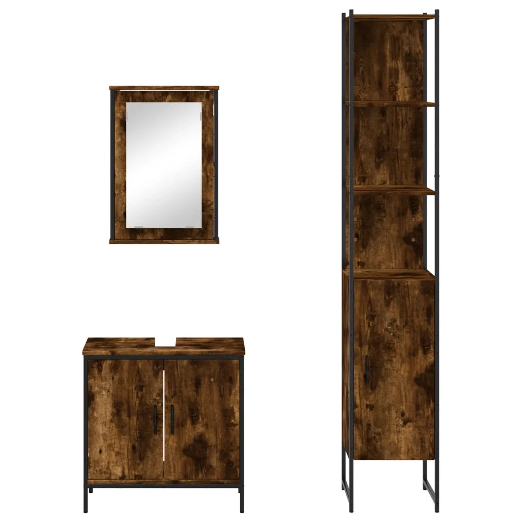 Set Mobili da Bagno | Armadio da bagno 3 pz Rovere Fumo in Legno Multistrato