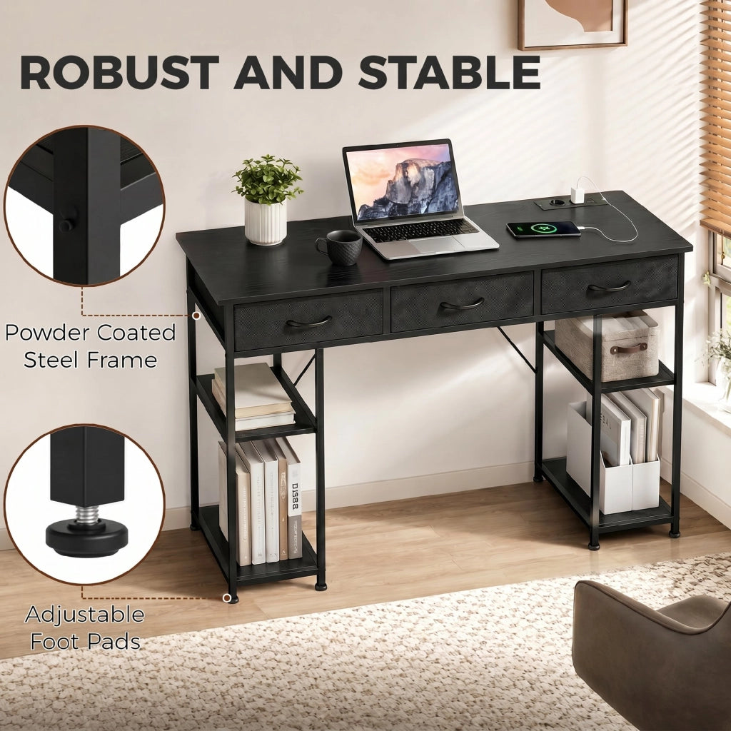 Scrivania con cassetti e ripiani ¨C Xylo ¨C 3 cassetti in tessuto, 4 ripiani, prese elettriche, 120x40x76 cm, nero