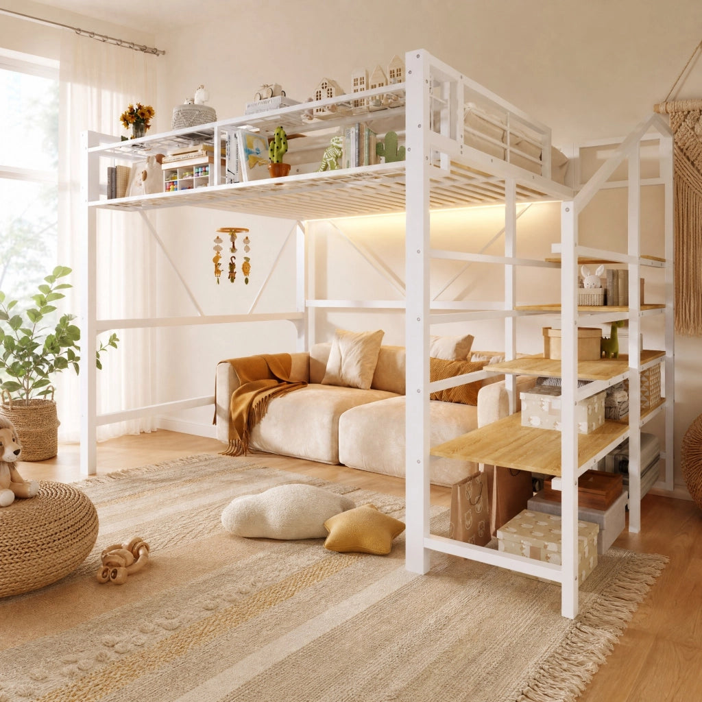 LETTO a soppalco 140x200 cm in metallo e MDF bianco con ripiani laterali