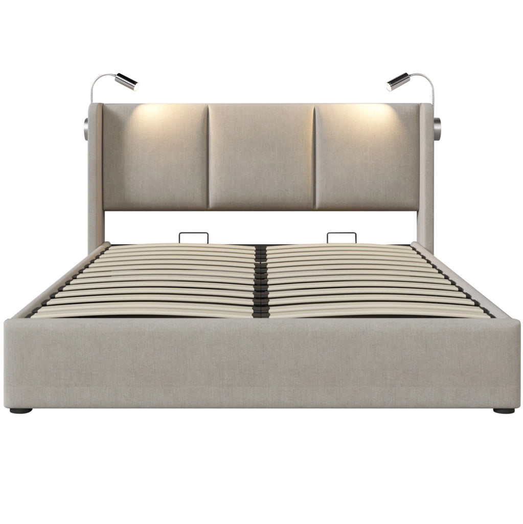 Letto imbottito 140x200 cm beige con contenitore, luce da lettura USB e materasso H3