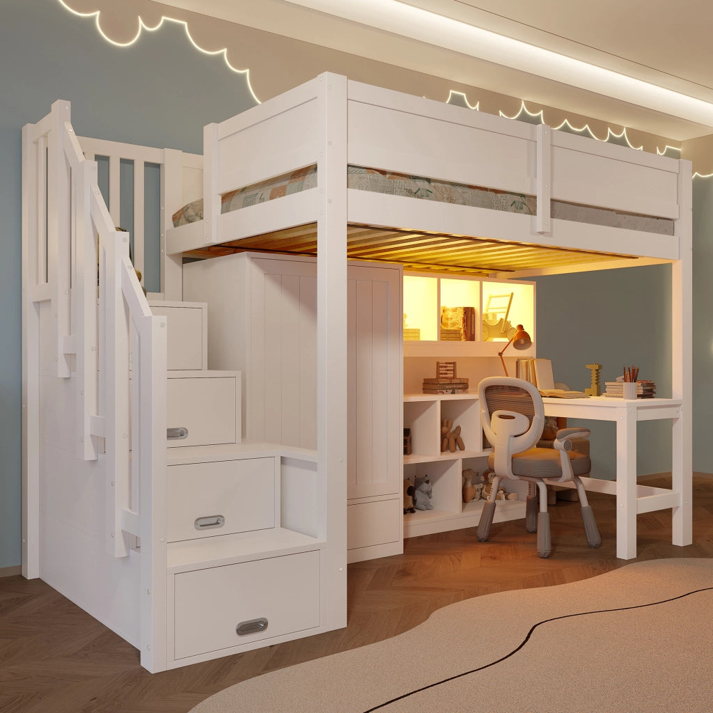 Letto a castello bianco con scrivania regolabile funzione LED e stoccaggi 90x200cm