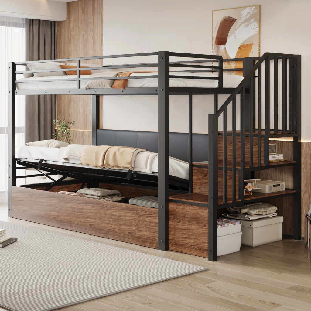 Letto a soppalco 90 × 200 cm con contenitore idraulico, scala con vani portaoggetti, sponde alte, senza materasso