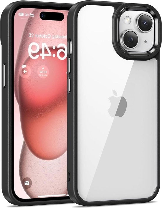 Custodia Premium Crystal Clear per iPhone 15 - Anti-Giallo - Militare Resistente ai Colpi - Copertura per Telefono con Retro Pannello in Vetro - Nero