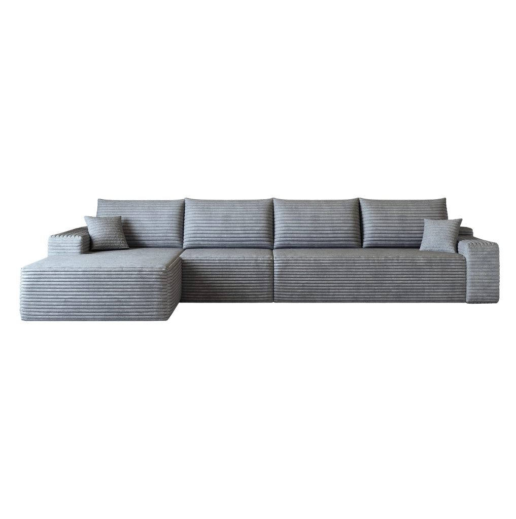 Divano in tessuto grigio con imbottitura in schiuma elastica