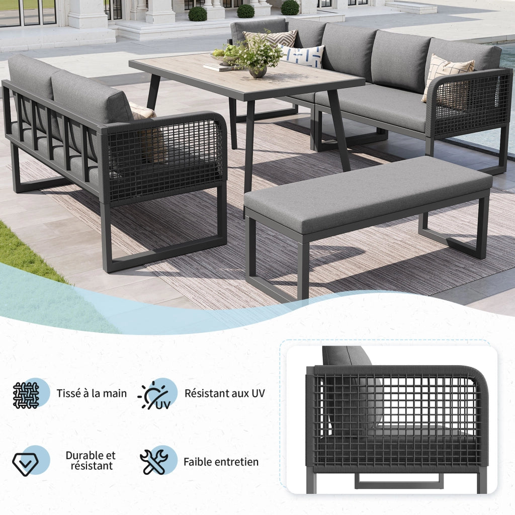 OKWISH Set da giardino da 5 pezzi con 3 divani a 2 posti, 1 panca e 1 tavolo, in rattan PE, Grigio
