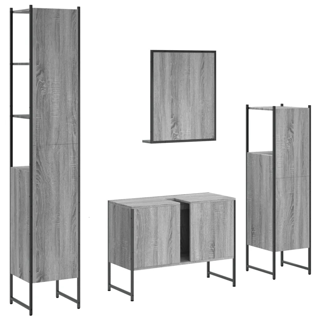 Set Mobili da Bagno | Armadio da bagno 4 pz Grigio Sonoma in Legno Multistrato