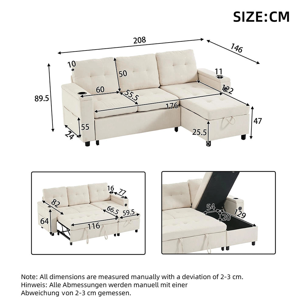 Divano angolare - Xylo - 208x146cm letto 3 posti beige