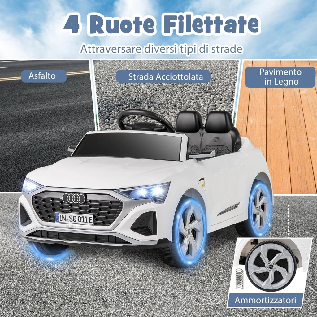 12V Audi Auto Elettrica per Bambini, Veicolo Elettrico con Telecomando Clacson Luci LED Musica, 3 Velocità 3-5 Km/h, Avvio Morbido, Auto per Bambini 3 Anni+ (Bianco)