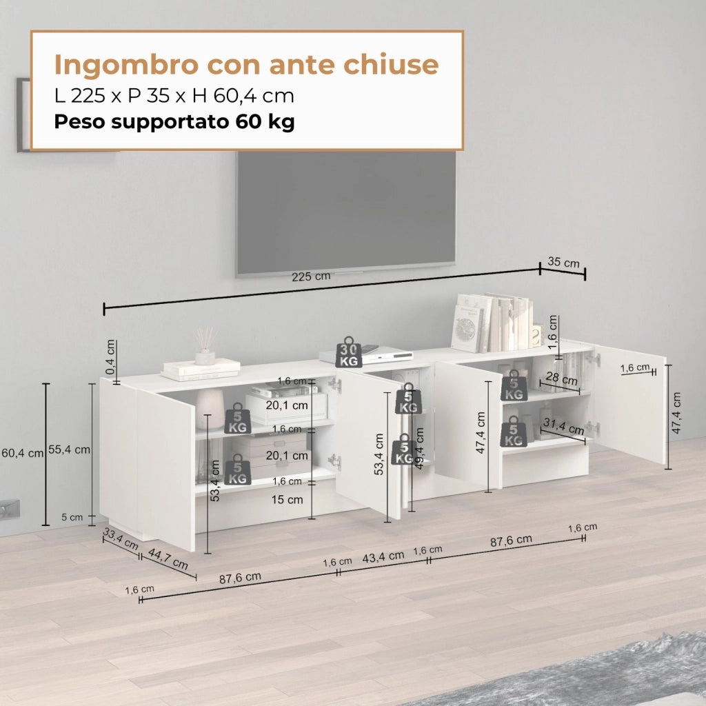 WHOUS Mobile porta TV Vela con 5 ante colore cashmere 225x35x60,4 cm