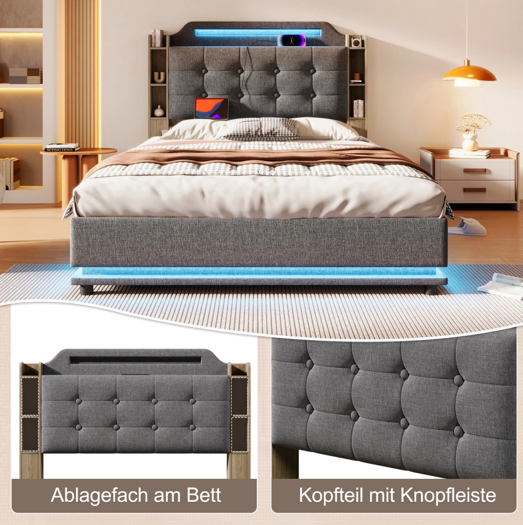 Letto imbottito 140x200 cm grigio con LED, USB-C e contenitore