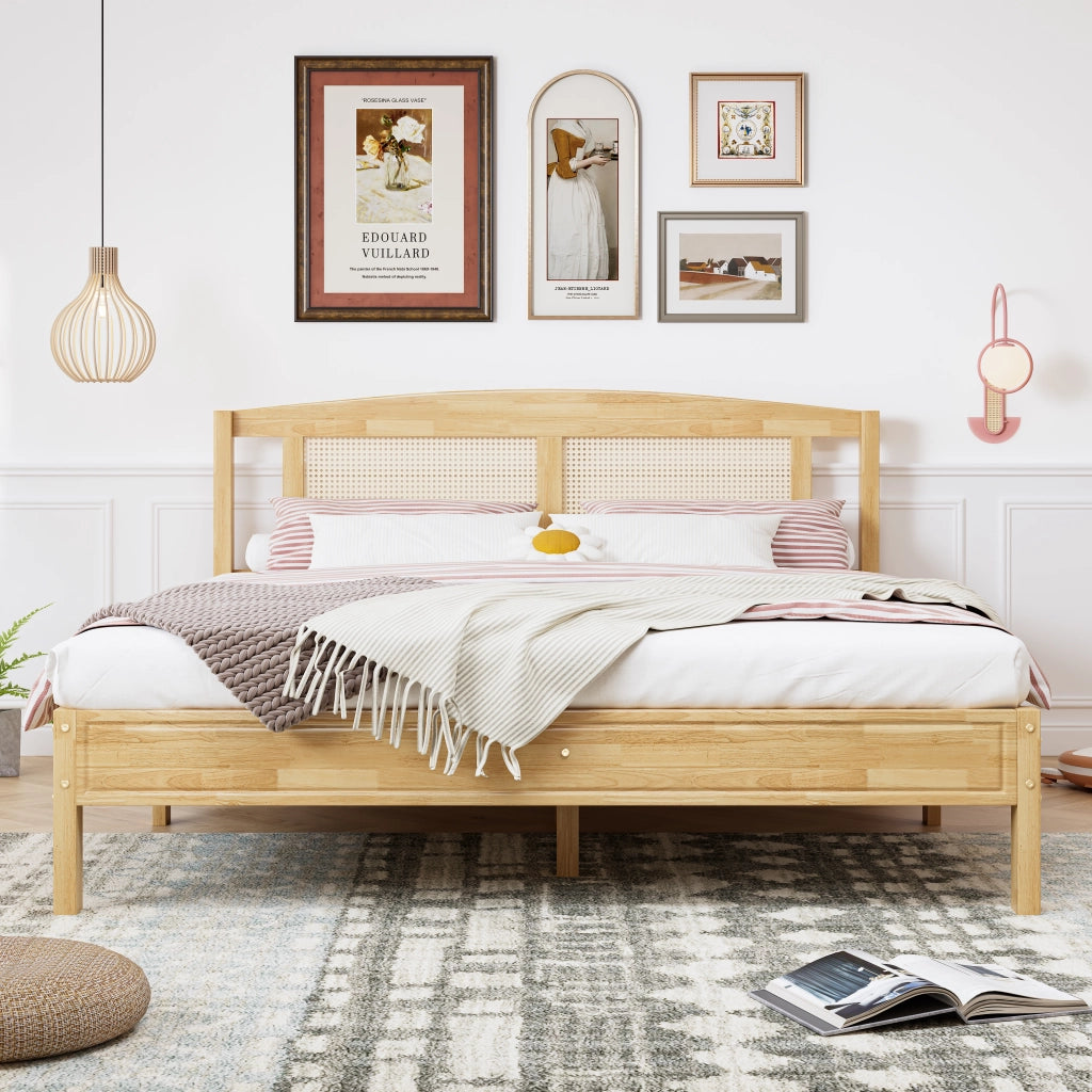 OKWISH Letto 160×200 cm, Letto Matrimoniale con Cuscino in Intreccio, 15 Doghe e Piedini Centrali, senza Materasso, Legno, Naturale