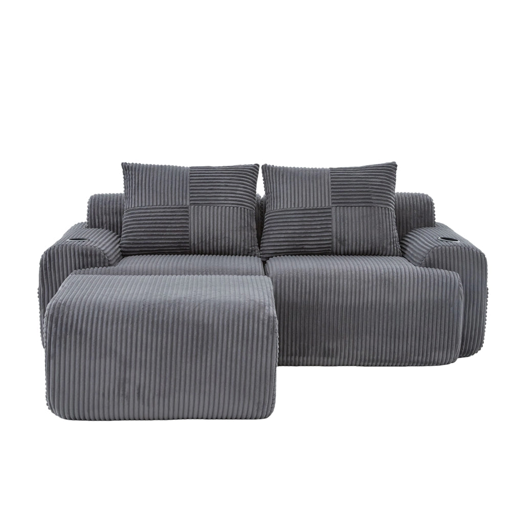Divano modulare 2 posti in tessuto a coste con portabicchieri e tasca laterale grigio scuro 200 × 174 × 80 cm