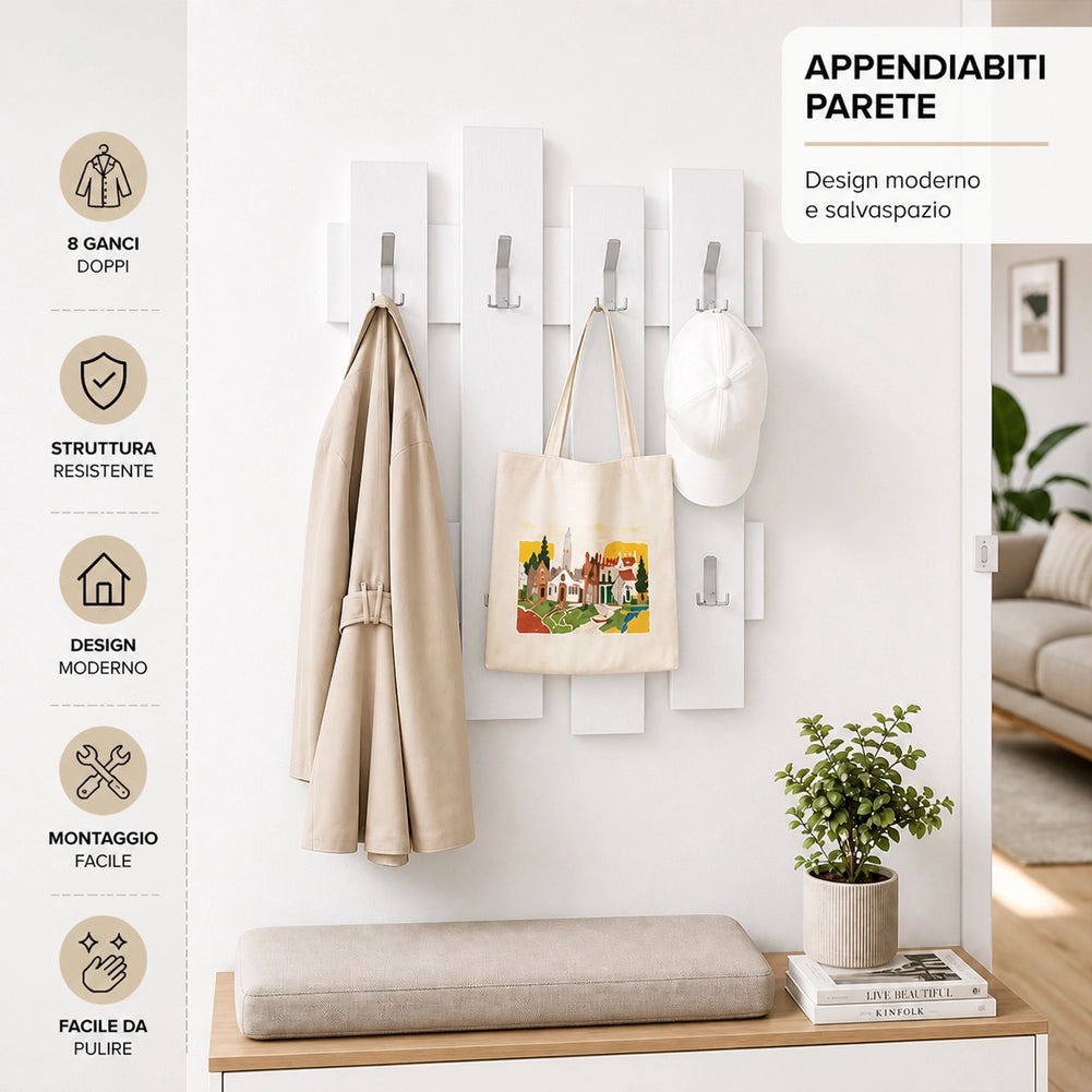 Appendiabiti da Muro Attaccapanni Montaggio a Parete H79xl64xP4 cm Bianco