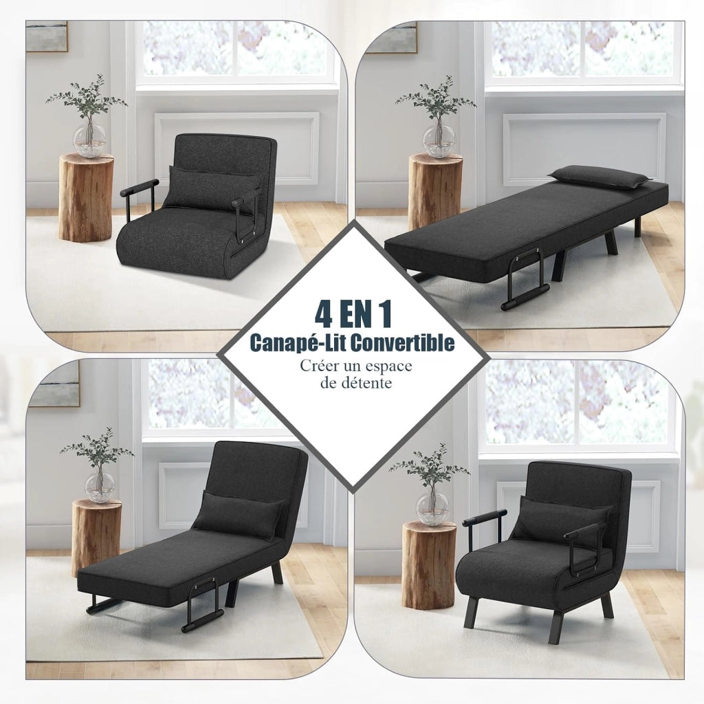 4 in 1 Poltrona Letto Singolo, Poltrona Pieghevole con Schienale Reclinabile a 6 Livelli, Divano Letto con Materasso e Cuscino, per Soggiorno e Salotto, 79 x 65 x 79 cm (Grigio Scuro)