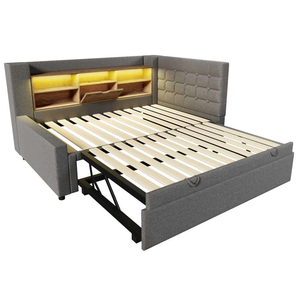 Letto Imbottito con Letto Estraibile e LED ¨C MINIMAL ¨C Grigio, Tessuto Lino, 90x200 cm