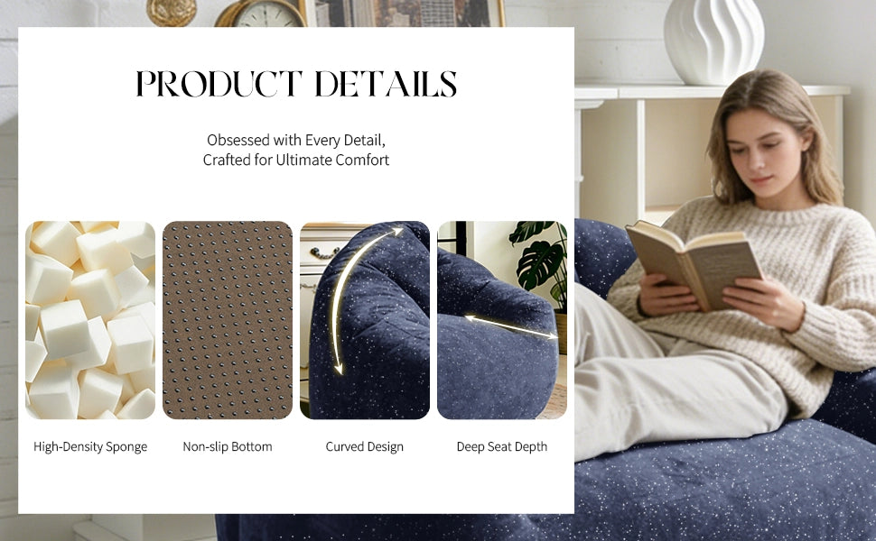 Pouf poltrona sacco con seduta ampia design ergonomico per soggiorno camera da letto e zona relax in flanella blu