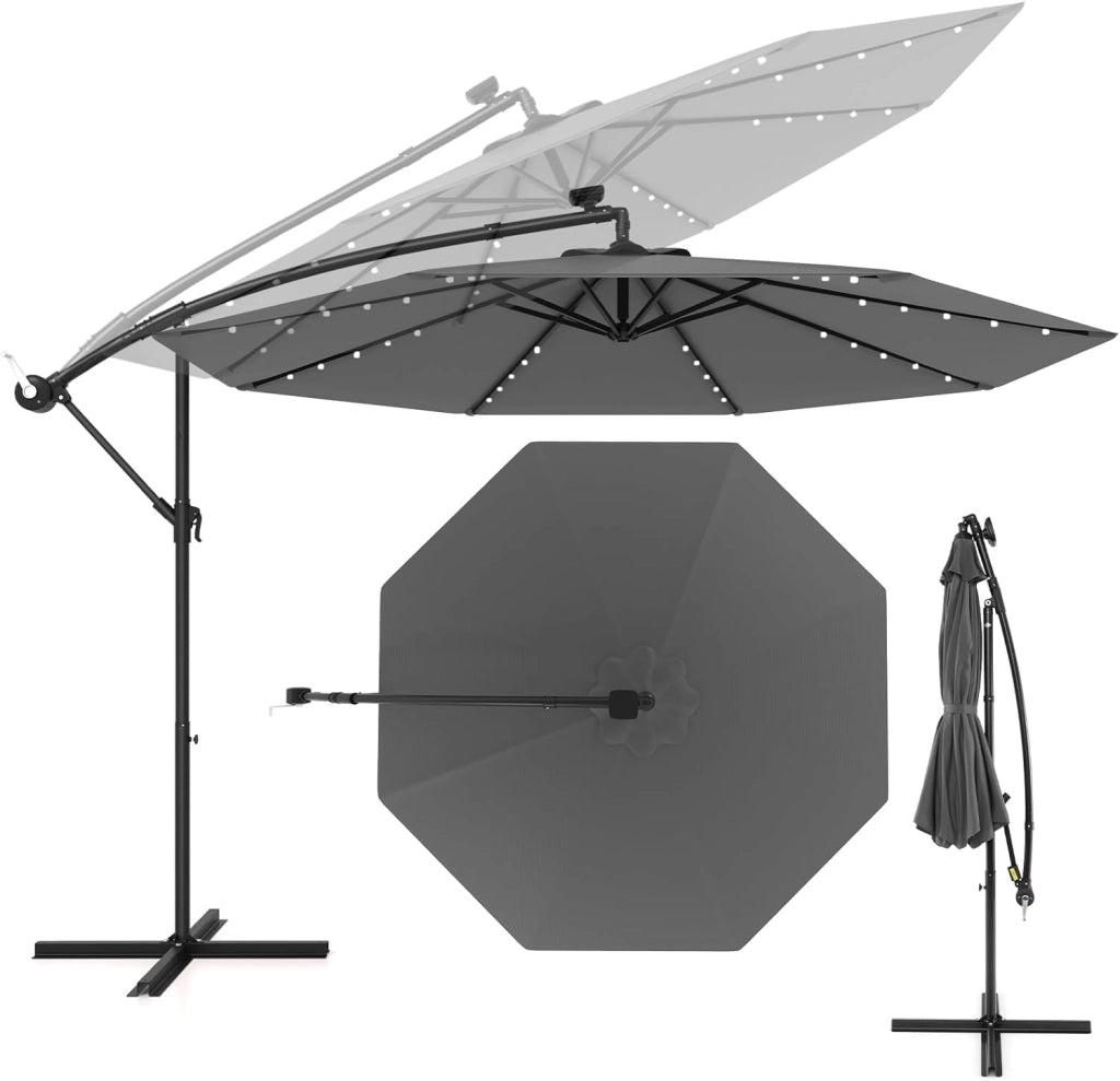 Ombrellone da Giardino 3m con Luci Solari, Ombrellone da Patio Anti UV con Base Croce, Ombrellone a Manovella da Esterno con Regolazione Inclinazione per Cortile, Piscina