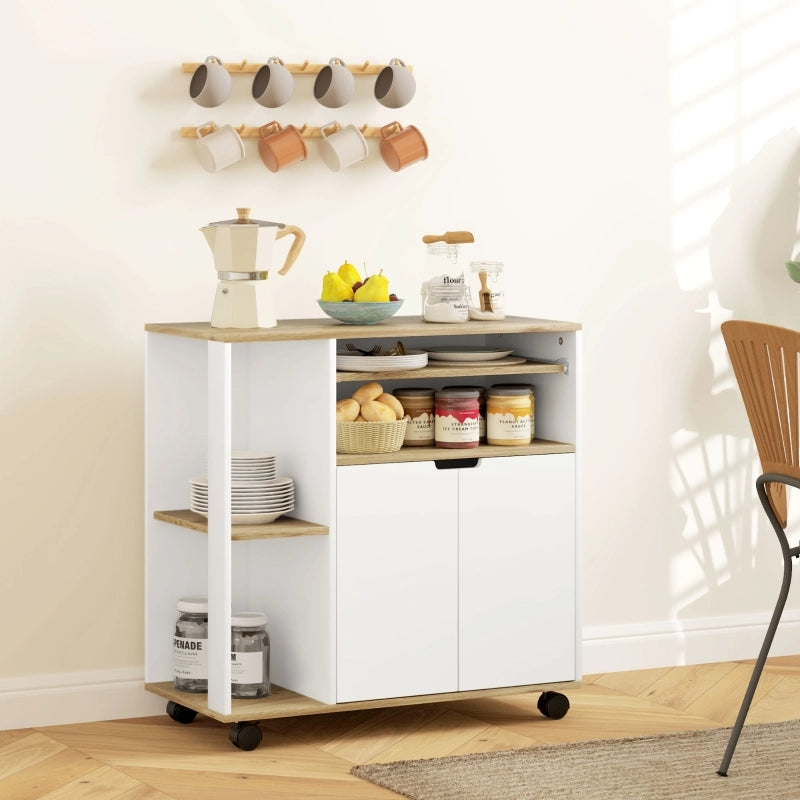 Carrello da Cucina con 2 Ante; 3 Vani Aperti; Ripiano Regolabile e Ruote; in Legno; 80 x 40 x 82 cm; Legno Naturale
