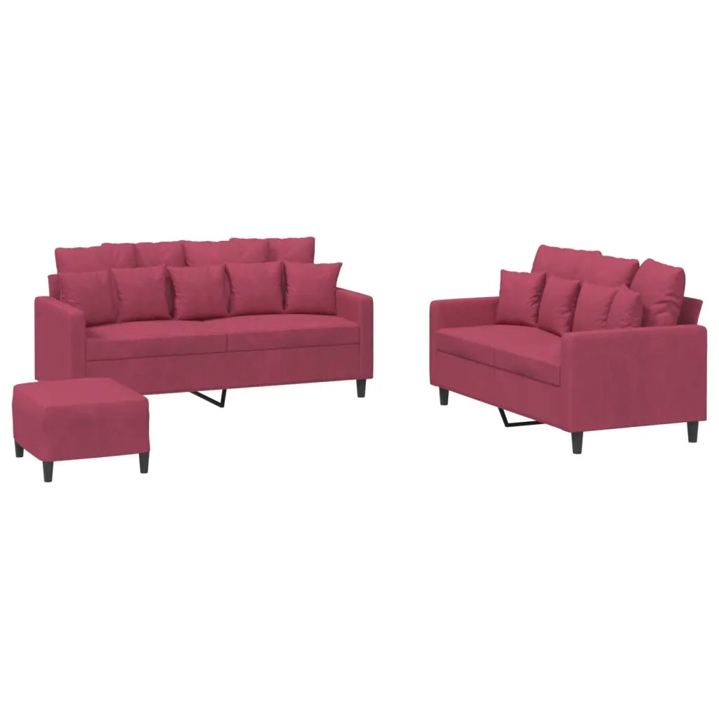 Set di Divani 3 pz con Cuscini Rosso Vino in Velluto