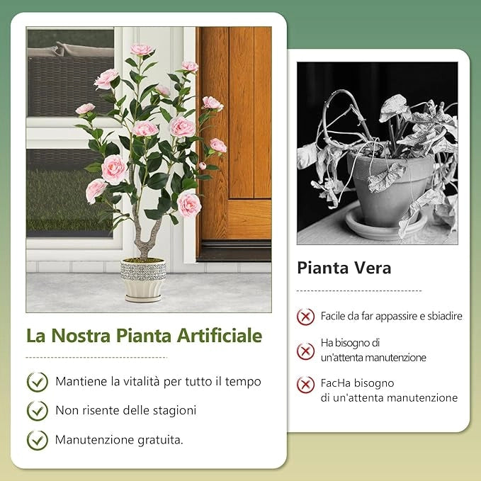 Albero di Camelia Artificiale 90 cm, Pianta Finta in Vaso con 16 Fiori Vivaci e 116 Foglie Vibranti, Pianta Decorativa per Soggiorno, Camera da Letto, Ufficio e Veranda (Rosa)