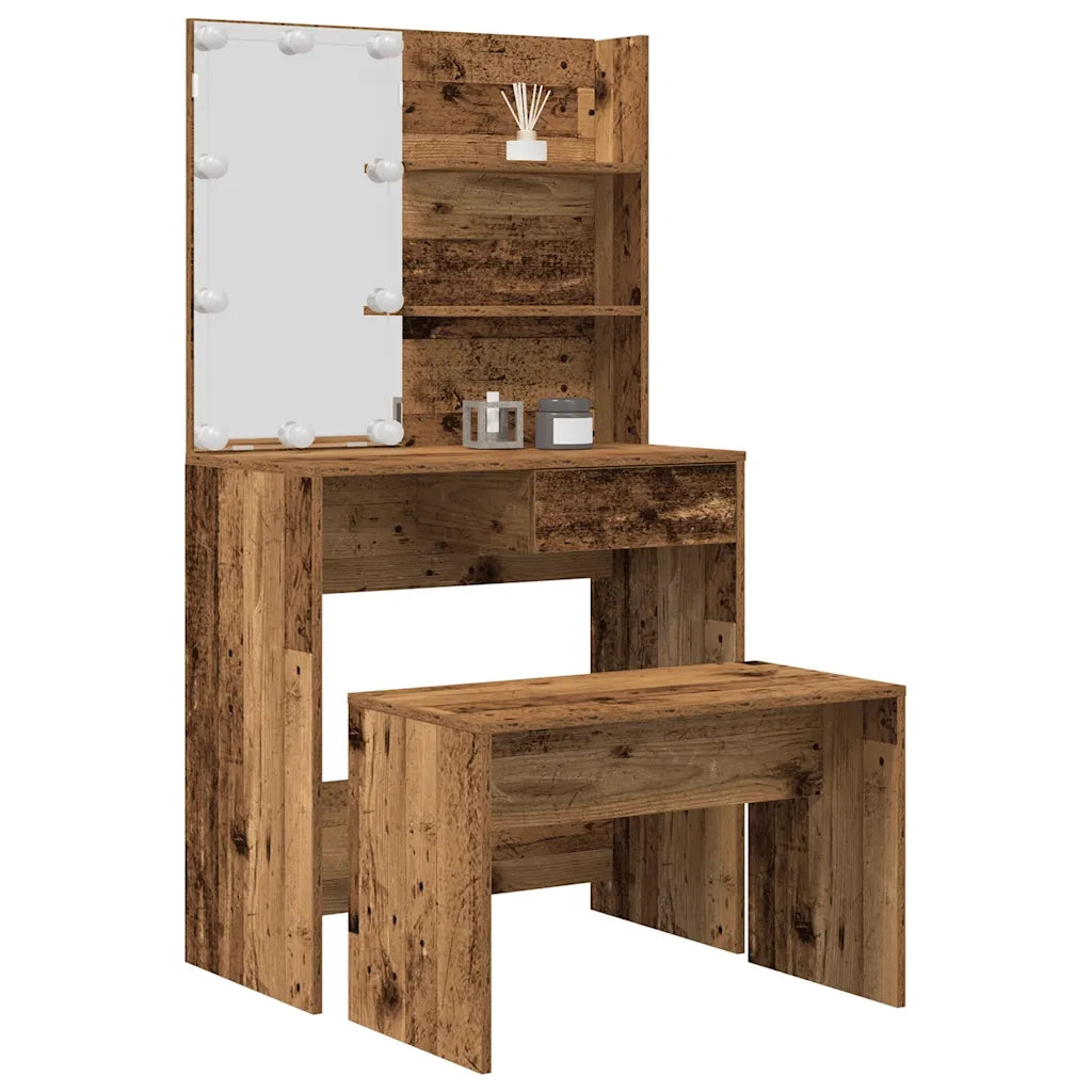 Set Tavolo da Toeletta | Tavolo da Trucco con LED Legno Antico Legno Multistrato