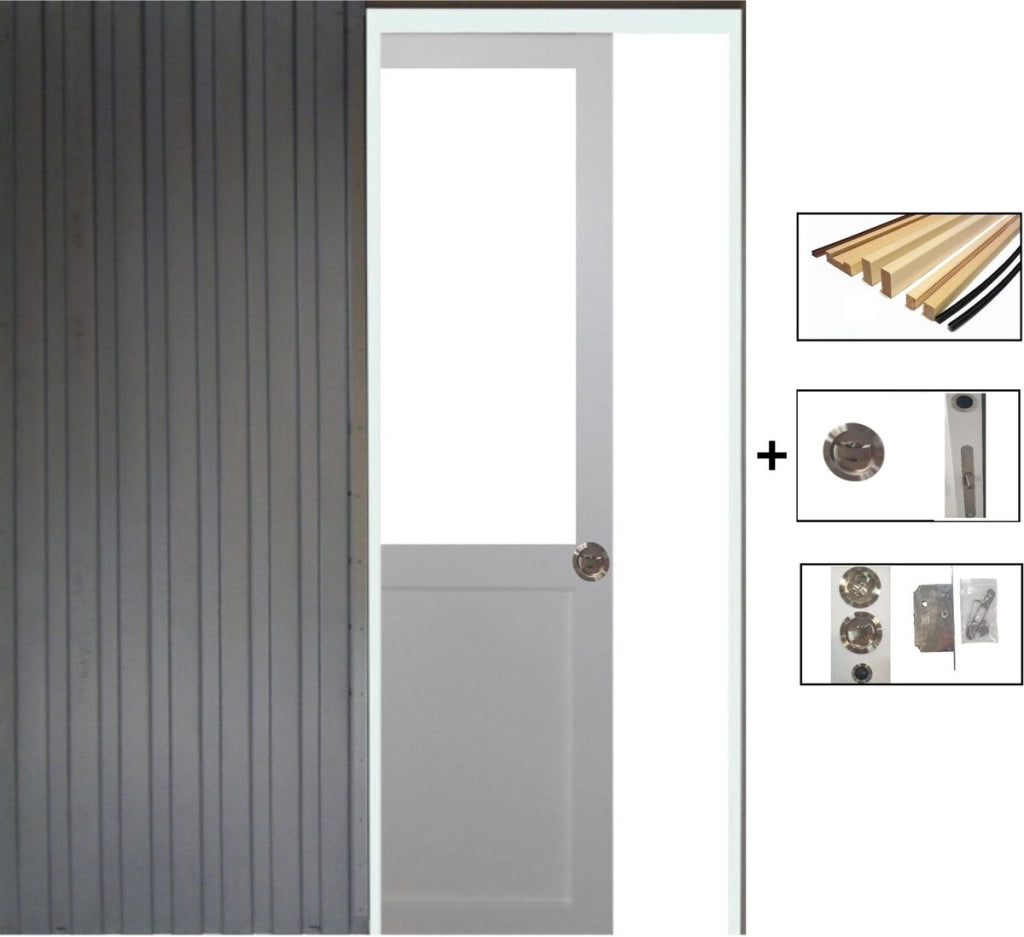 Porta Scorrevole Officina Bianca H204 x L73 senza montante + Sistema Pocket e kit di finitura inclusi senza maniglia