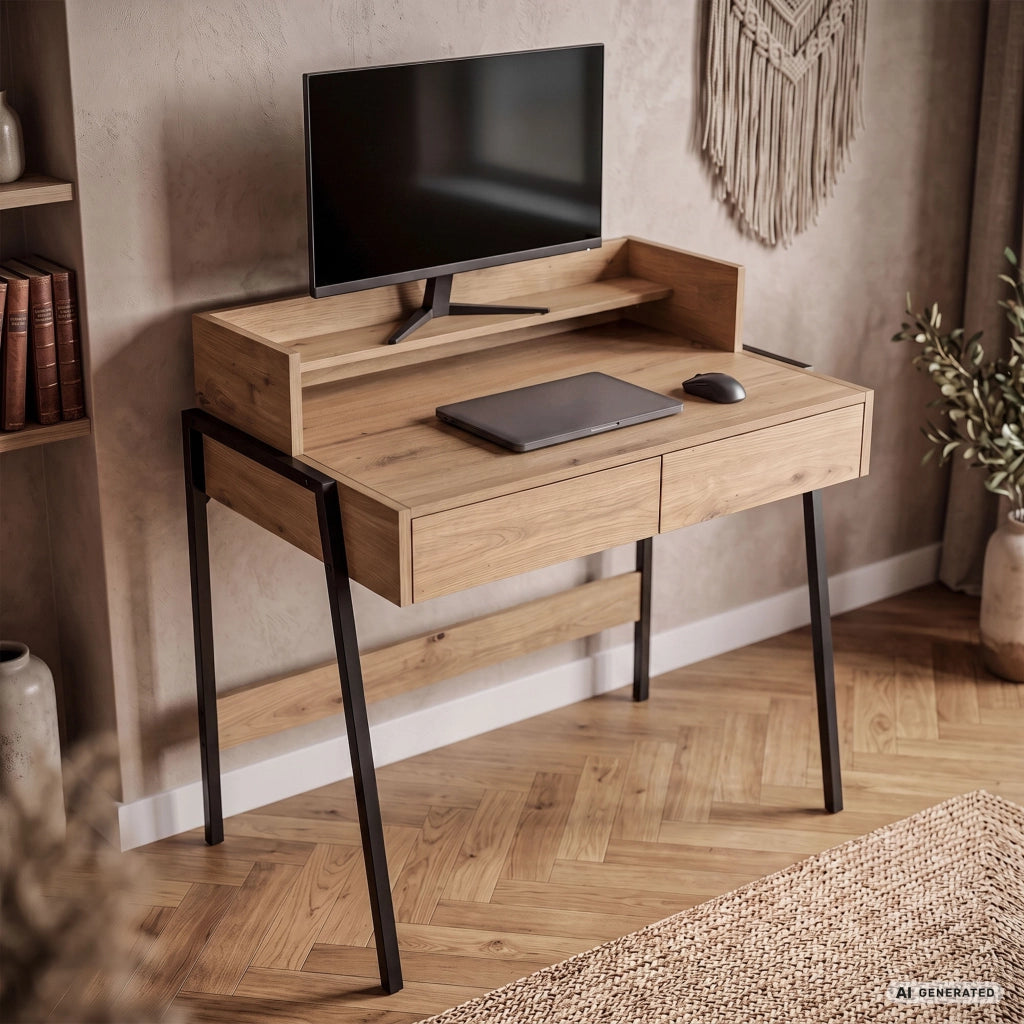 Scrivania industriale per computer Rovere Artisan FLUX 78 cm 2 cassetti 1 ripiano gambe nere