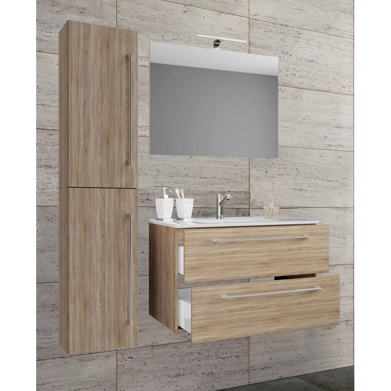 Completo Set bagno 4 Pezzi Mobile sospeso 2 casetti con Lavabo large in ceramica incl 1 Colonna e specchio, Rovere Sonoma ,