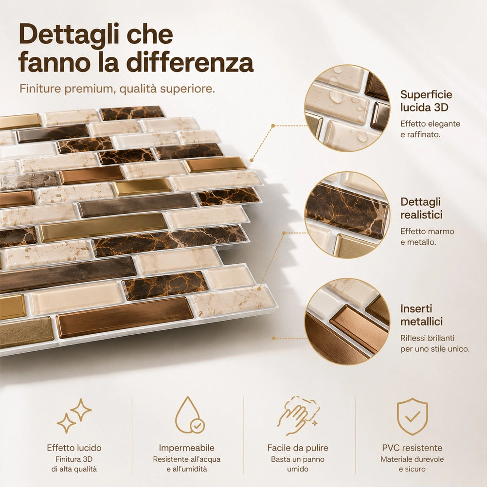 Set 10 Pannelli Adesivi Piastrelle da Parete 30,5 cm Decoro Mosaico Mattoncini in PVC Marrone