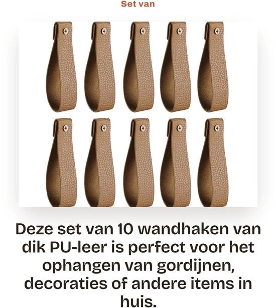 Wandhaken in PU-leer, 10 pezzi, con cinturino di fissaggio, facile installazione, sostenimento fino a 10 kg, per soggiorno/camera da letto.