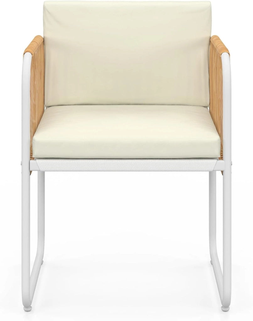 Set di 4 sedie Rio struttura in metallo bianco, corda effetto rattan chiaro e cuscini Beiges