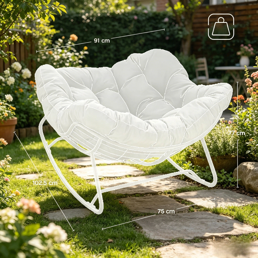 Poltrona a dondolo con seduta e cuscino avvolgente per soggiorno in chenille e metallo nero 91 × 102,5 × 77 cm