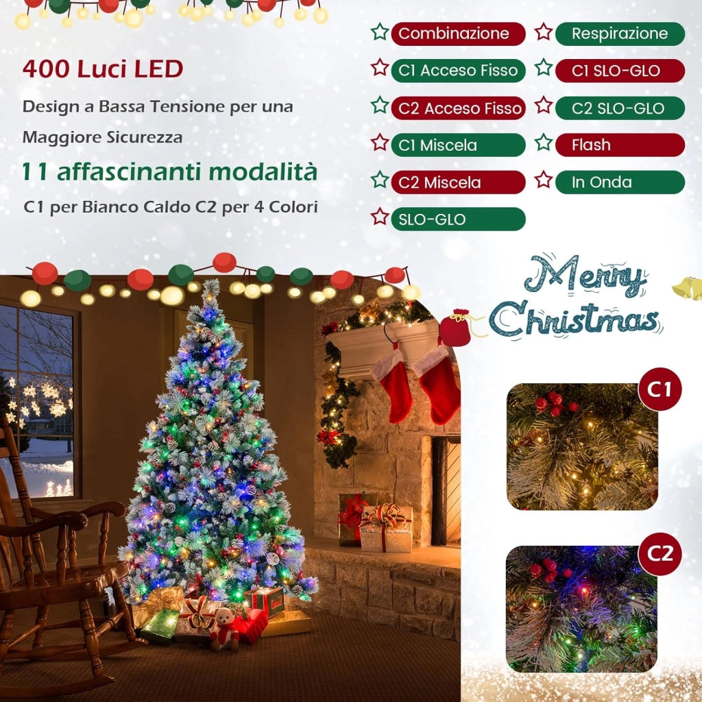 Albero di Natale Artificiale 185/215 cm Pre-Illuminato e Incernierato, con 747/1116 Punte, 350/400 Luci LED, 55/70 Pigne, 55/70 Bacche Rosse e 11 Modalità di Illuminazione (215 cm)