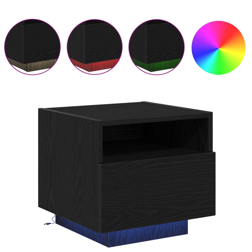 Comodino  con luci LED Nero Rovere 40x39x37 cm