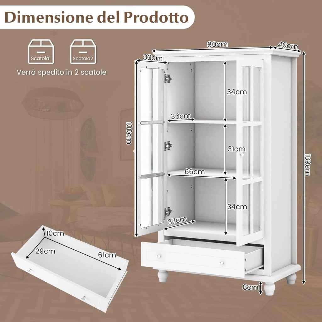 Mobile Libreria, Vetrinetta Espositiva Alta con Ante in Vetro Temperato, Libreria Verticale in legno con Ripiani Regolabili e Cassetto, per Soggiorno, Camera da Letto, 80 x 40 x 139 cm