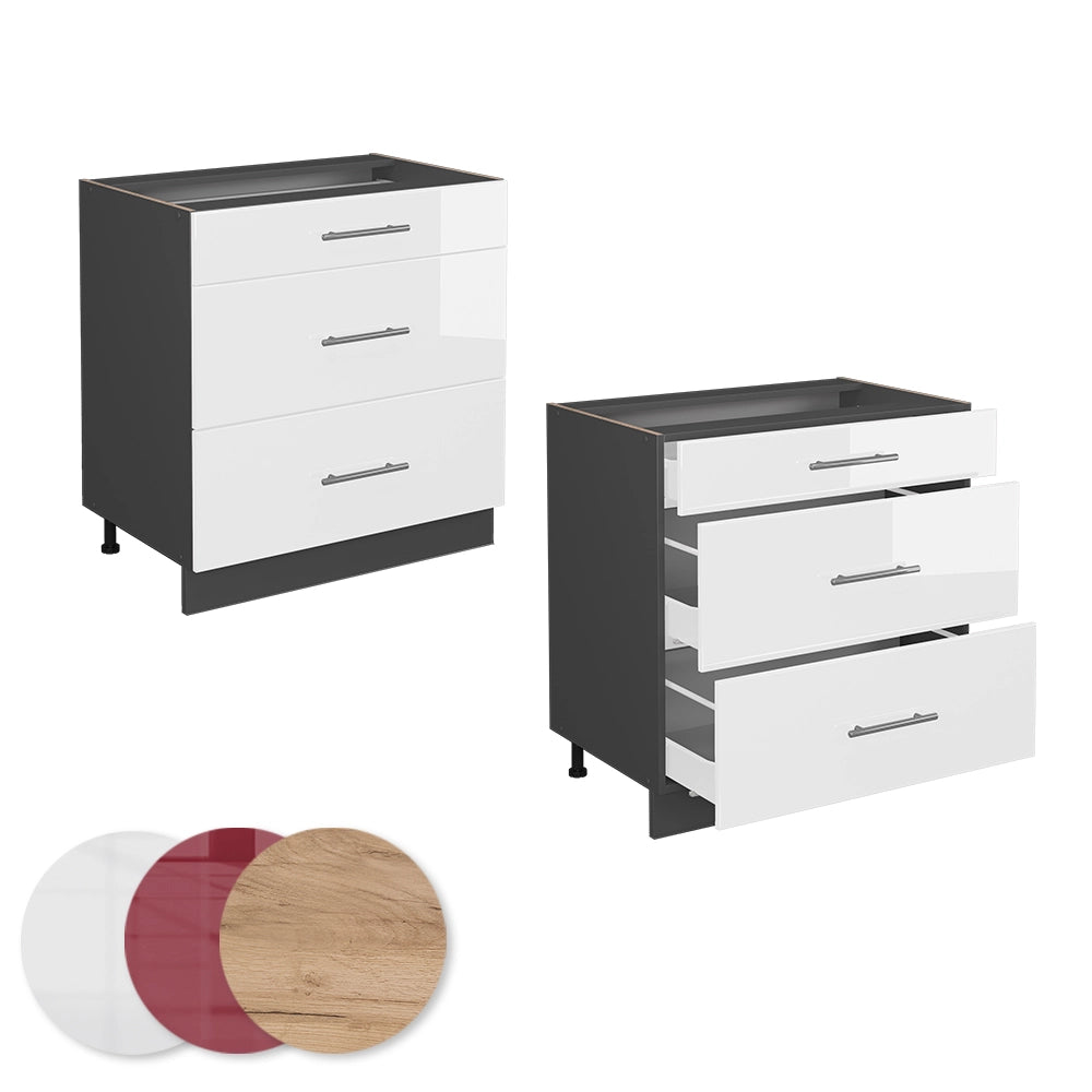 Mobiletto base per cucina Fame-Line Bianco lucido/Antracite 80 cm con 3 cassetti, senza piano di lavoro Vicco