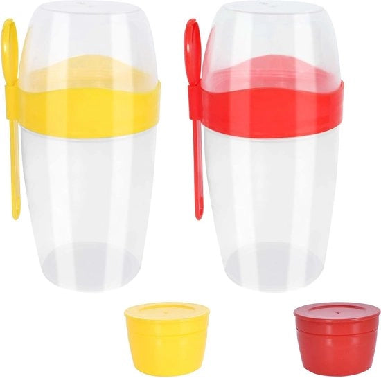 Biberon da to go con coperchio 2 pezzi di biberon da to go con coperchio 870 ml biberon di papà con cucchiaio, grande biberon per bambini con cucchiaio, contenitore per colazione per yoghurt, papà, cornflakes, muesli (giallo + rosso)