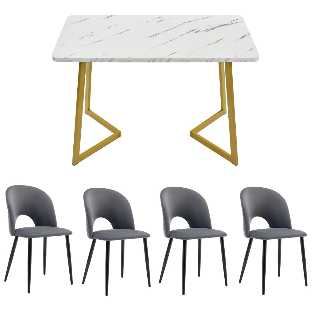 Tavolo da pranzo con 4 sedie in velluto grigio, gambe regolabili e schienale a rombi, 117 × 68 × 75 cm