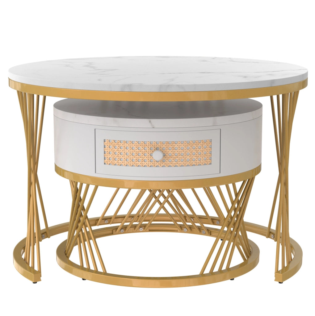 Set di 2 tavolini da salotto rotondi 70/50 cm in MDF bianco con dettagli oro