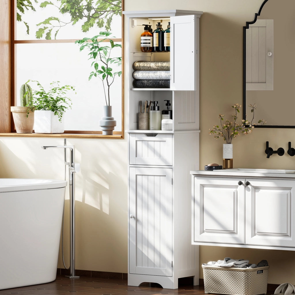 Mobile Colonna Bagno 40x30x170 cm con 2 Armadietti con Sensore Ripiano Aperto e Cassetto in Legno Bianco