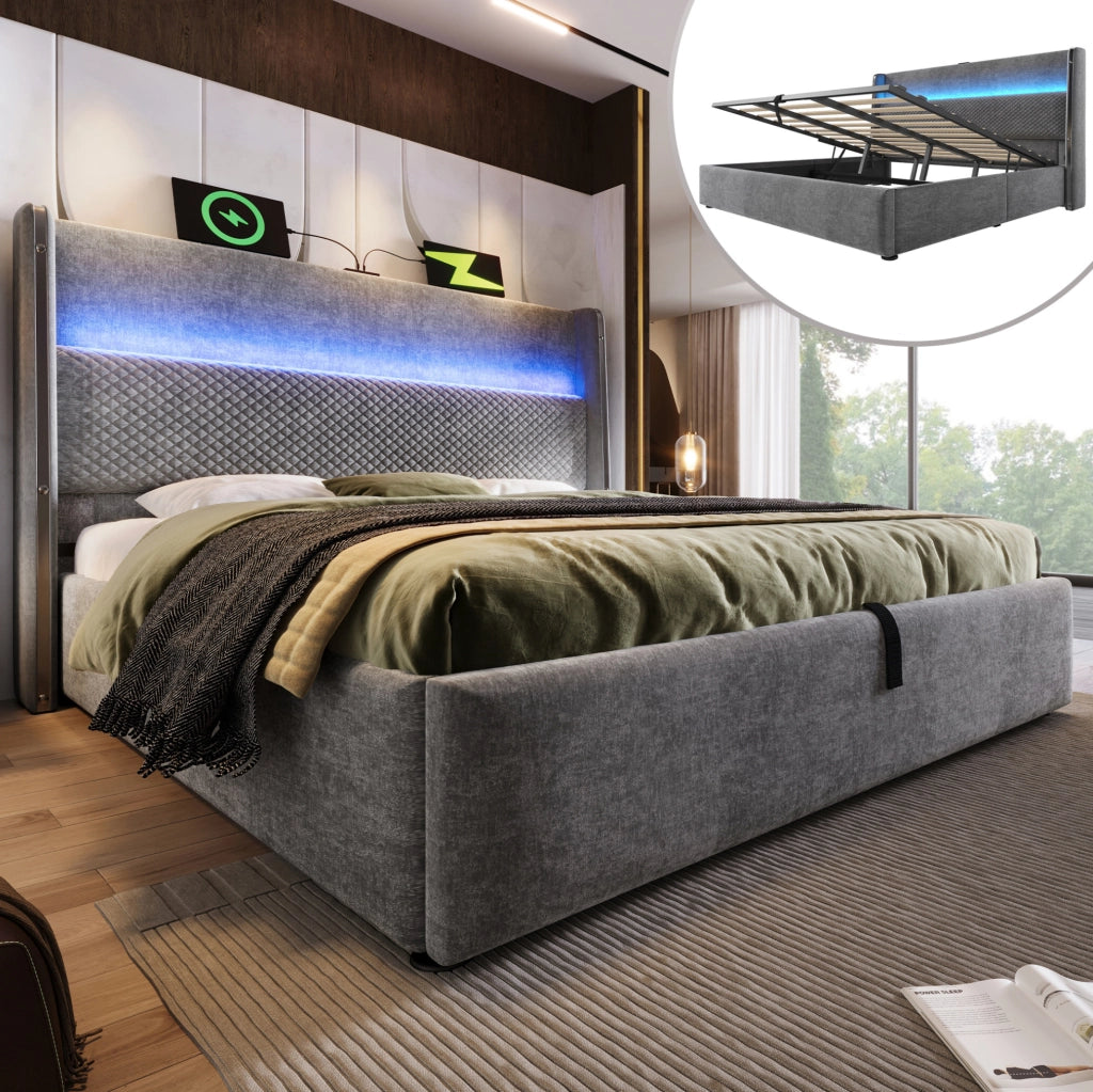 Letto matrimoniale 140x200 cm con testiera alta; LED; contenitore; USB e Type-C; grigio