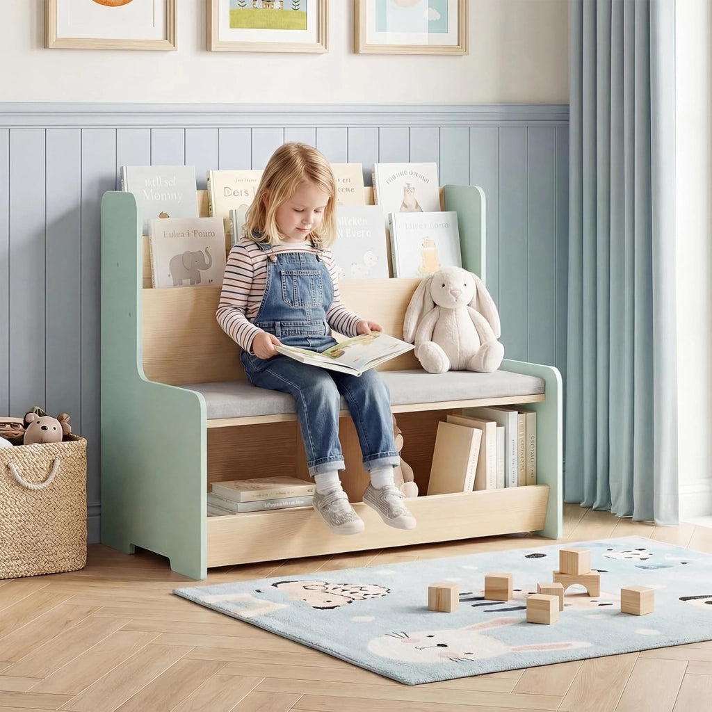 Libreria Montessoriana Salvaspazio per Bambini con Panchina Verde | Porta Libri Bambini con Portariviste a 2 Ripiani, 2 Scomparti Aperti e Cuscino Seduta Rimovibile per Cameretta