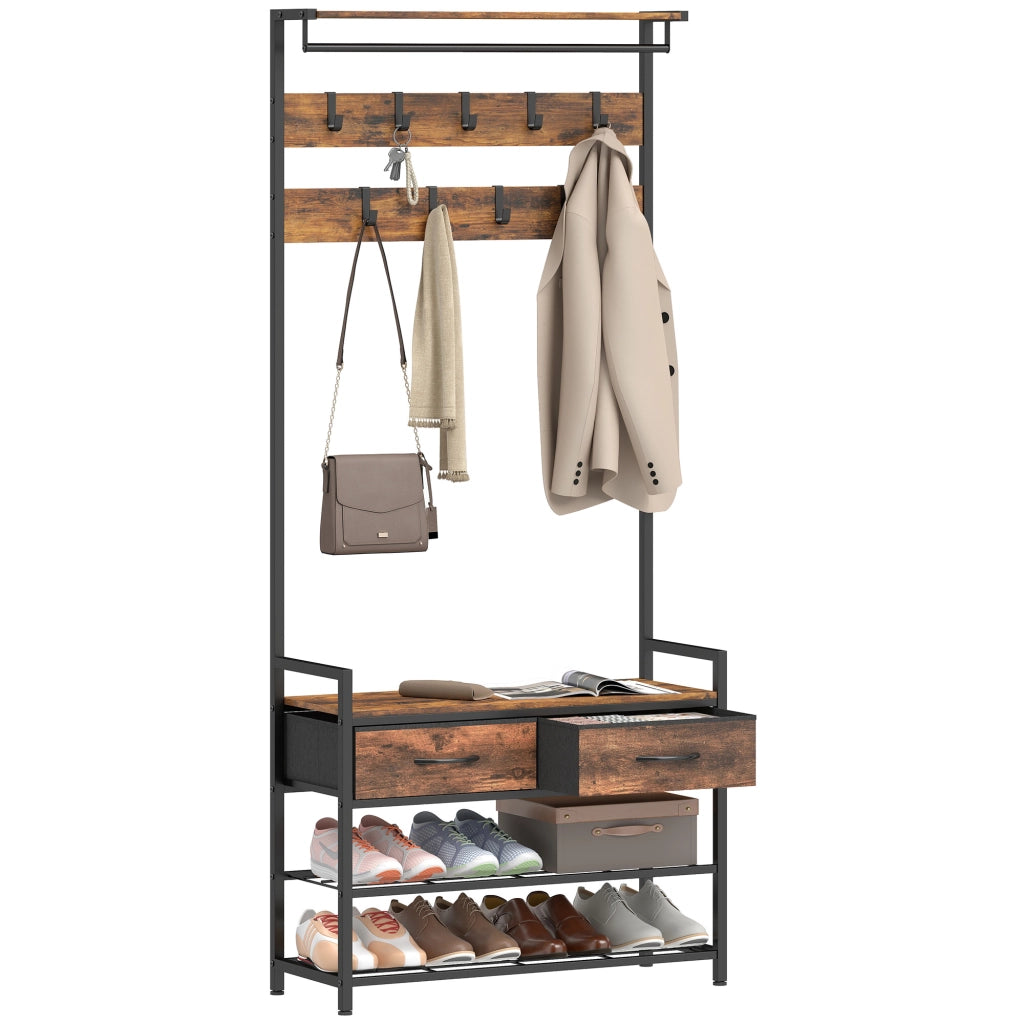 Appendiabiti con panca e ganci, organizzatore per ingresso ¨C zephmum ¨C telaio in acciaio, marrone rustico