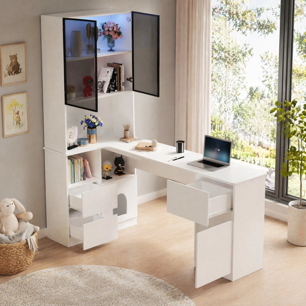 Scrivania angolare con libreria e vetrina LED 120×80×180 cm, bianco, MDF