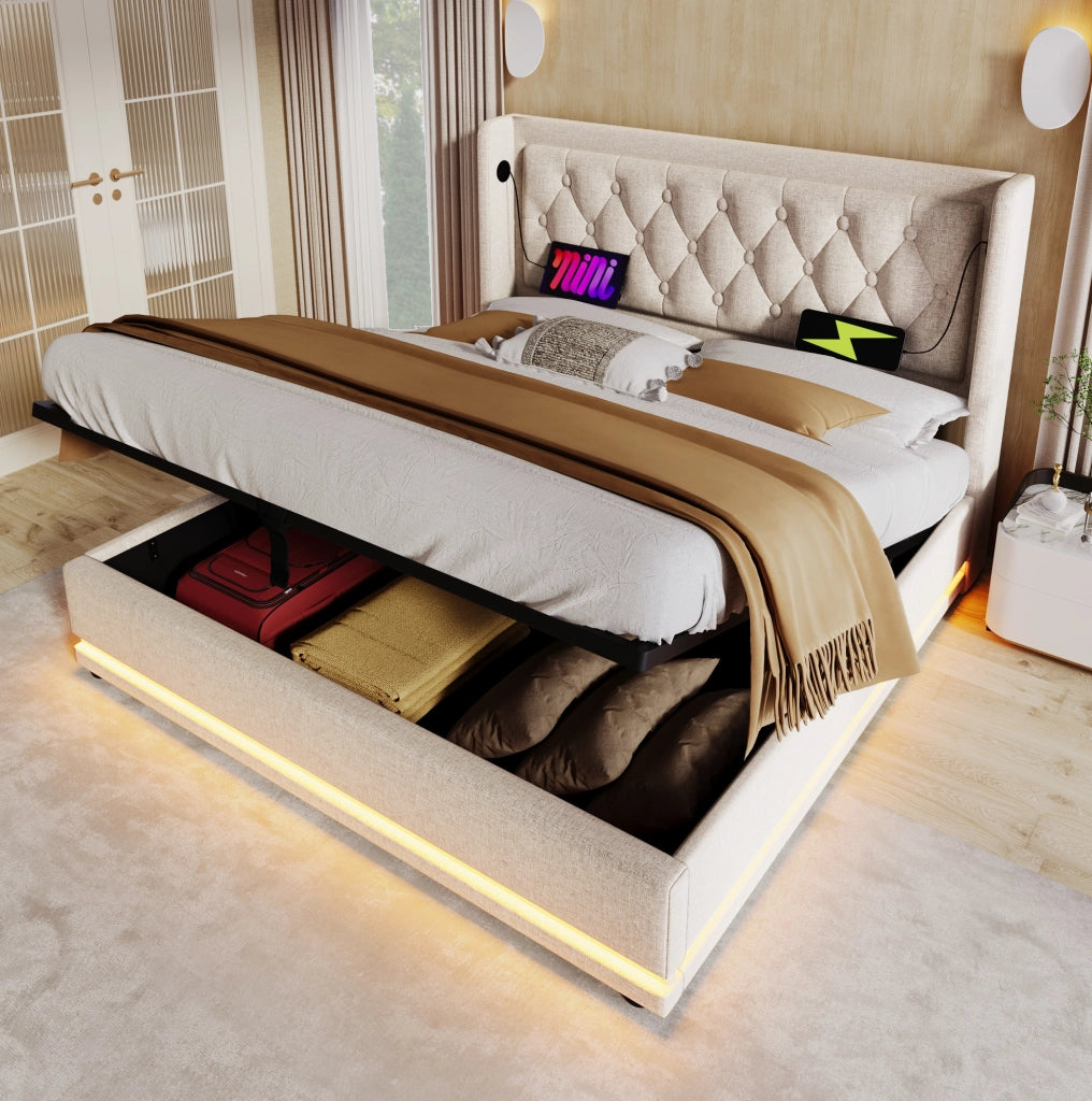 Letto matrimoniale imbottito 140x200 cm beige in cotone con contenitore; USB e LED
